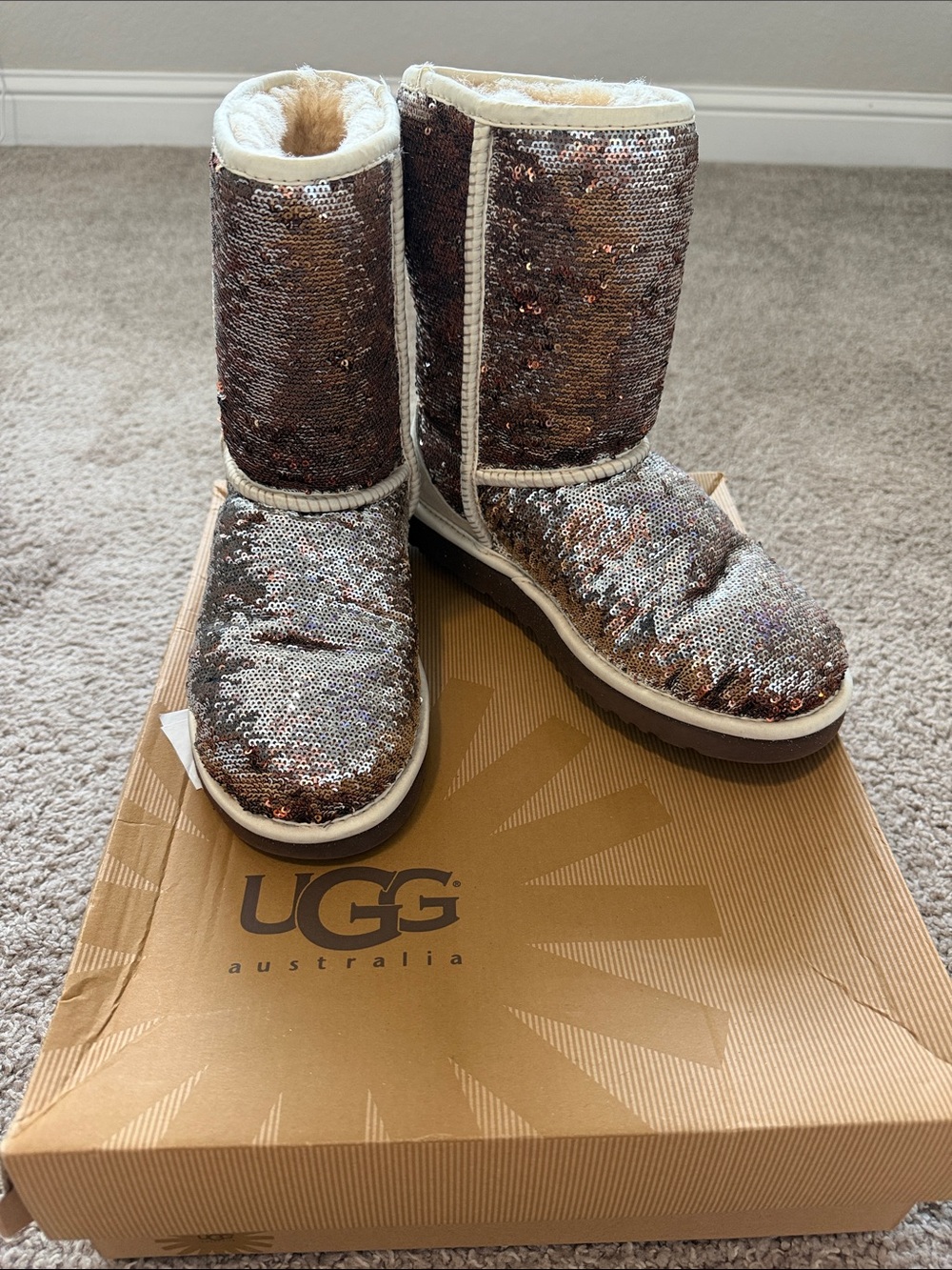 UGG Sequin Lace-Up Classic Boot in Rose Gold and Silver
